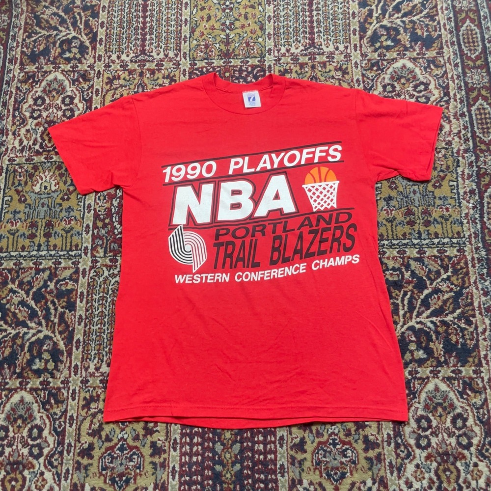 VTG Rare 1990 Portland Trail Blazers NBA Playoffs Logo 7 Shirt Red L SS USA